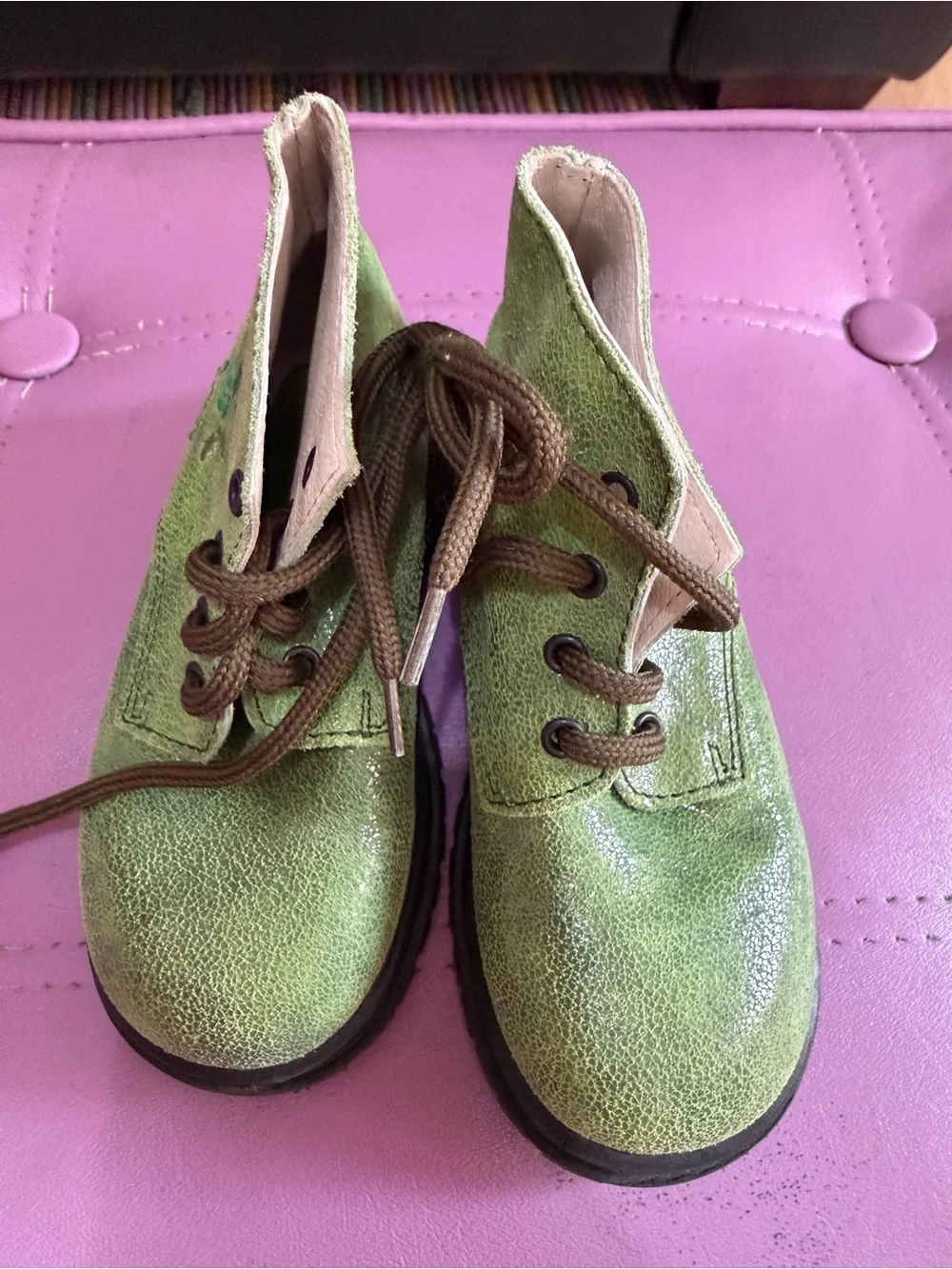 Girls Green Lace-Up Ankle Boots with Embroidered Floral Detail